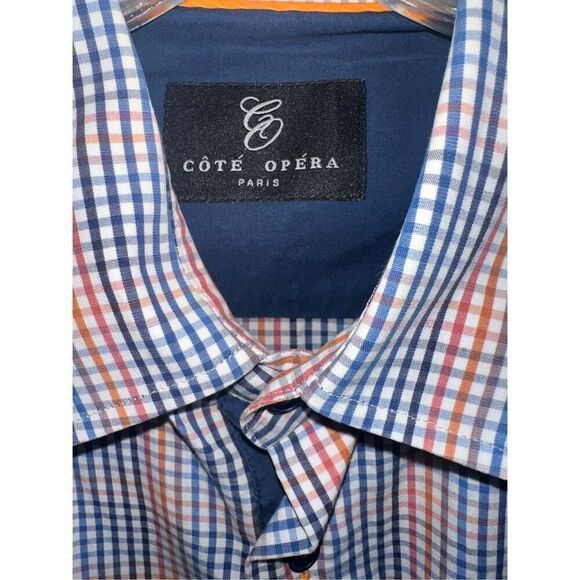 Cote Opera Paris Formal Shirt button down blue orange white gingham size 17 43 L - Picture 3 of 6